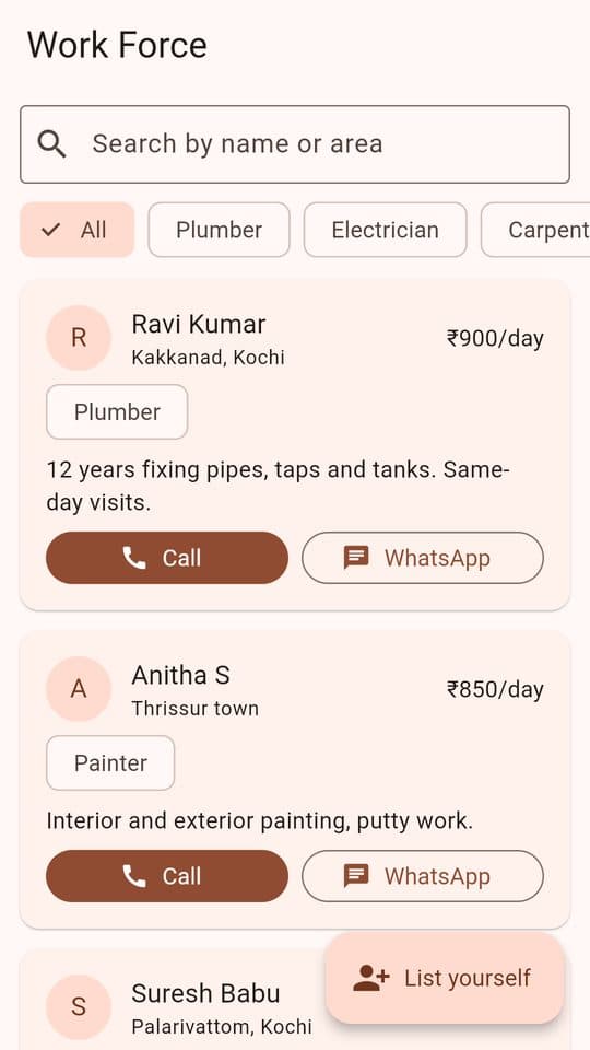 The list of workers, with a search box, skill filters, and Call and WhatsApp buttons on each listing
