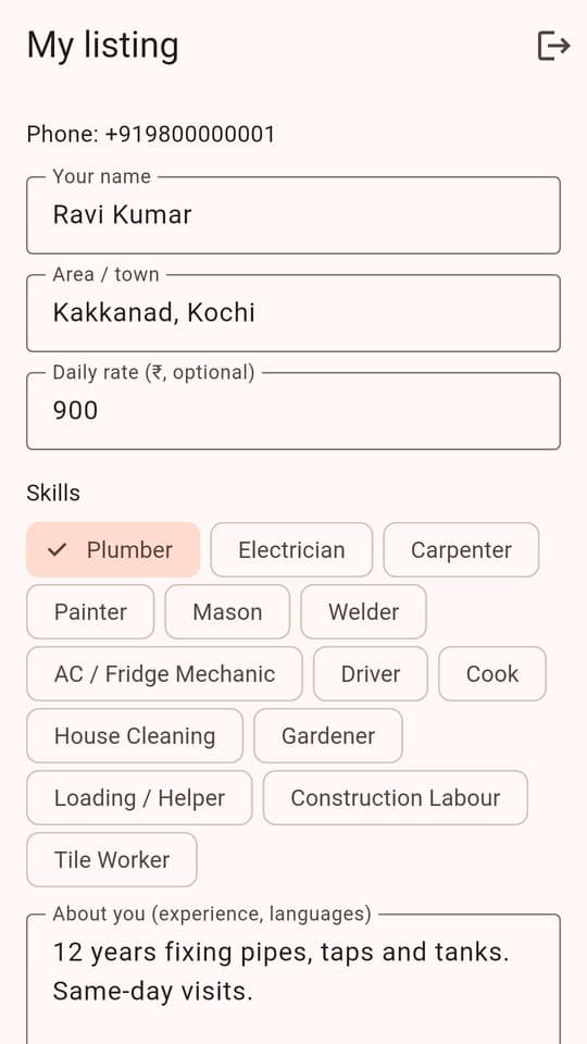A worker's own listing form: name, skills, area, daily rate, description and an Available for work switch